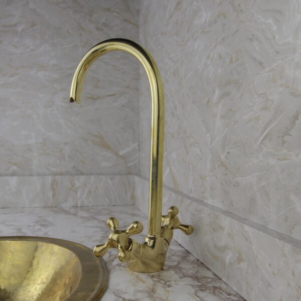 Unlacquered Brass Gooseneck Faucet Solid Brass Vintage Style Kitchen & Bathroom Tap Rustic Sink Mixer - Image 3