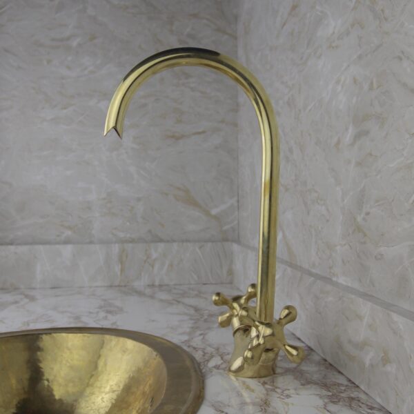 Unlacquered Brass Gooseneck Faucet Solid Brass Vintage Style Kitchen & Bathroom Tap Rustic Sink Mixer - Image 2
