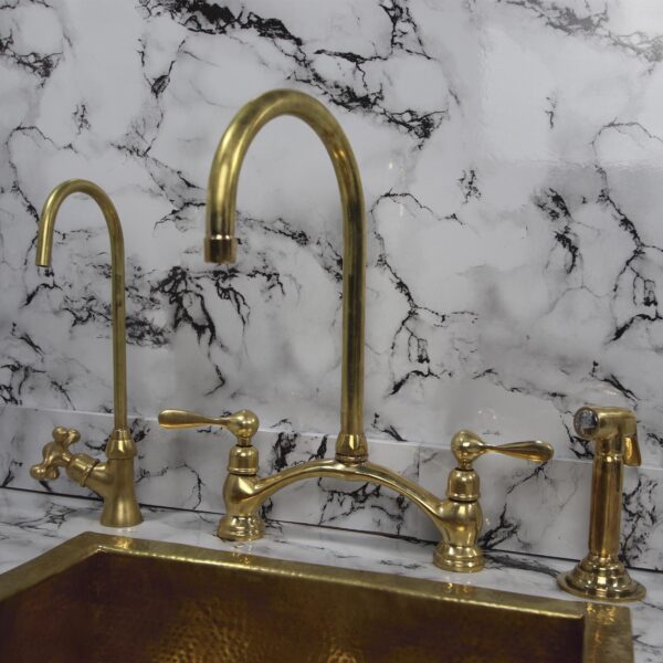 Unlacquered Brass Kitchen Faucet – Bridge Design Victorian Style with Side Sprayer – Solid Brass Fixture - Image 4