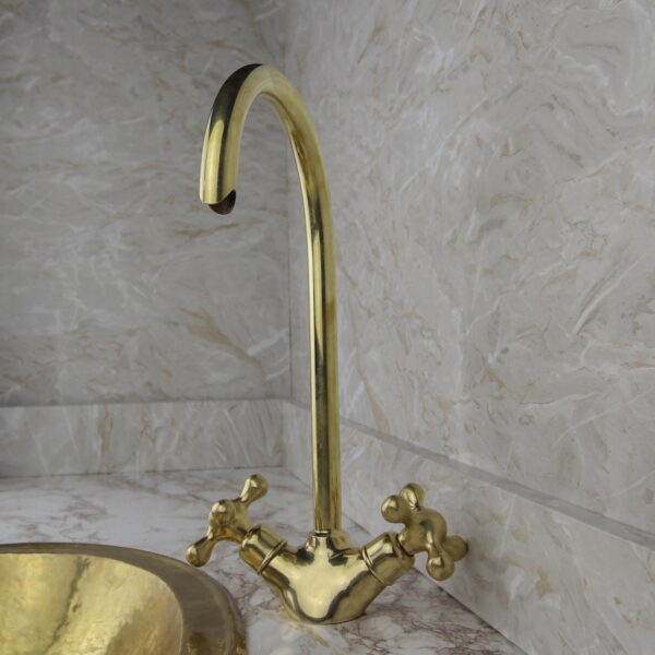 Unlacquered Brass Gooseneck Faucet Solid Brass Vintage Style Kitchen & Bathroom Tap Rustic Sink Mixer - Image 7