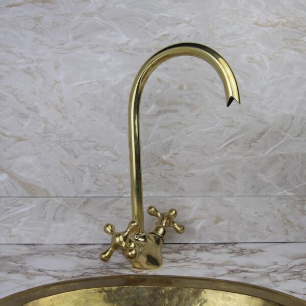 Unlacquered Brass Gooseneck Faucet Solid Brass Vintage Style Kitchen & Bathroom Tap Rustic Sink Mixer - Image 8