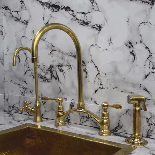 Unlacquered Brass Kitchen Faucet – Bridge Design Victorian Style with Side Sprayer – Solid Brass Fixture - Image 3
