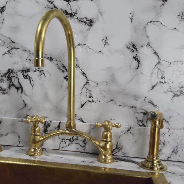 Unlacquered Brass Kitchen Faucet – Bridge Design Victorian Style with Side Sprayer – Solid Brass Fixture - Image 9