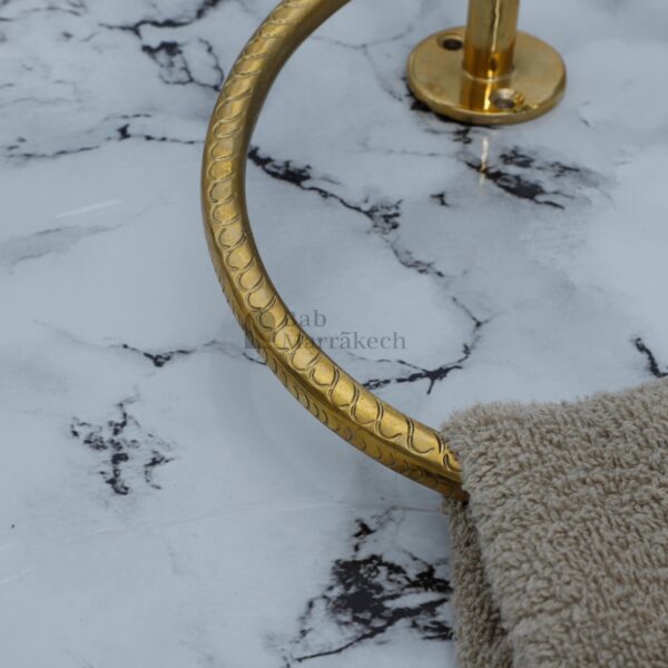 7" Unlacquered Brass Towel Ring – Moroccan Swirl Carved Wall Hanger for Bathroom or Kitchen Decor - Image 4