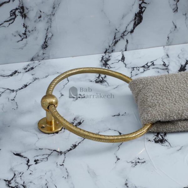 7" Unlacquered Brass Towel Ring – Moroccan Swirl Carved Wall Hanger for Bathroom or Kitchen Decor - Image 3