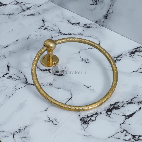 7" Unlacquered Brass Towel Ring – Moroccan Swirl Carved Wall Hanger for Bathroom or Kitchen Decor - Image 5