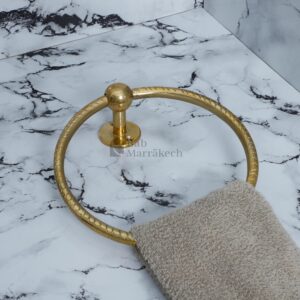 7" Unlacquered Brass Towel Ring – Moroccan Swirl Carved Wall Hanger for Bathroom or Kitchen Decor