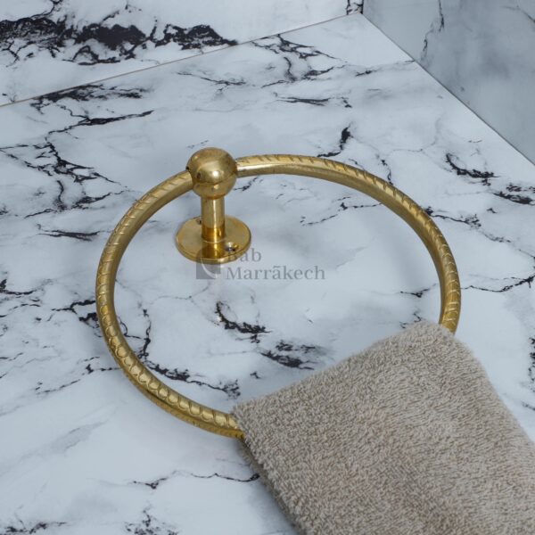 7" Unlacquered Brass Towel Ring – Moroccan Swirl Carved Wall Hanger for Bathroom or Kitchen Decor