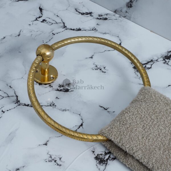 7" Unlacquered Brass Towel Ring – Moroccan Swirl Carved Wall Hanger for Bathroom or Kitchen Decor - Image 2