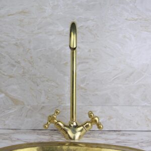 Unlacquered Brass Gooseneck Faucet Solid Brass Vintage Style Kitchen & Bathroom Tap Rustic Sink Mixer
