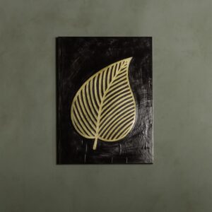 Handmade Brass Leaf Wall Art on Dark Panel – Botanical Metal Wall Decor for Living Room or Entryway – Elegant Artisan Home Accent