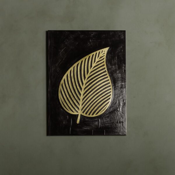 Handmade Brass Leaf Wall Art on Dark Panel – Botanical Metal Wall Decor for Living Room or Entryway – Elegant Artisan Home Accent