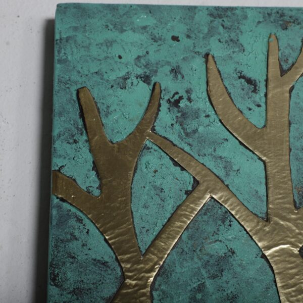 Oxidized Brass Tree Wall Art – Handmade Moroccan Metal Panel on Patina Wood – Nature-Inspired Embossed Home Decor - Image 3