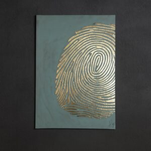 Large Brass Fingerprint Wall Art – Handmade Embossed Metal Panel on Oxidized Wood – Moroccan Statement Wall Sculpture