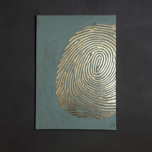 Large Brass Fingerprint Wall Art – Handmade Embossed Metal Panel on Oxidized Wood – Moroccan Statement Wall Sculpture