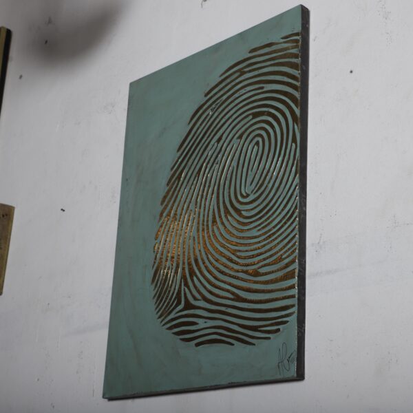 Large Brass Fingerprint Wall Art – Handmade Embossed Metal Panel on Oxidized Wood – Moroccan Statement Wall Sculpture - Image 3