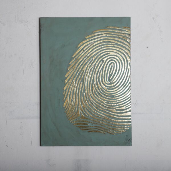 Large Brass Fingerprint Wall Art – Handmade Embossed Metal Panel on Oxidized Wood – Moroccan Statement Wall Sculpture - Image 2