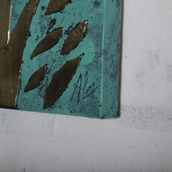 Brass Tree Leaf Wall Art – Handmade Embossed Metal on Patina Wood – Oxidized Moroccan Botanical Decor 34x61 cm - Image 3