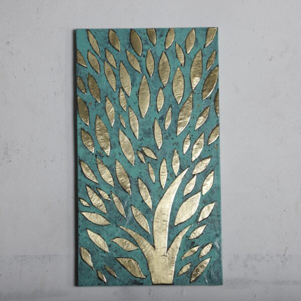 Brass Tree Leaf Wall Art – Handmade Embossed Metal on Patina Wood – Oxidized Moroccan Botanical Decor 34x61 cm - Image 2
