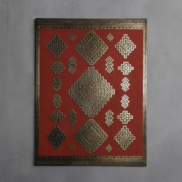 Large Brass Wall Art 90x125 cm – Handmade Moroccan Metal Panel with Embossed Design – Oxidized Patina Wood Sculpture