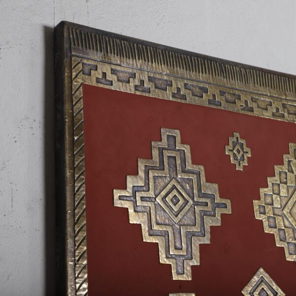 Large Brass Wall Art 90x125 cm – Handmade Moroccan Metal Panel with Embossed Design – Oxidized Patina Wood Sculpture - Image 4