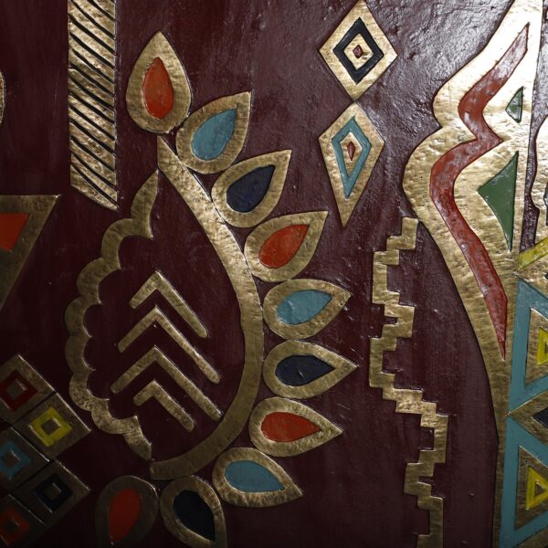 Moroccan Brass Amazigh Wall Art – Handmade Colorful Metal Panel with Geometric Berber Patterns – 50x77.5 cm - Image 5