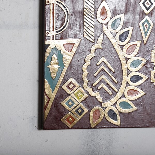 Moroccan Brass Amazigh Wall Art – Handmade Colorful Metal Panel with Geometric Berber Patterns – 50x77.5 cm - Image 7