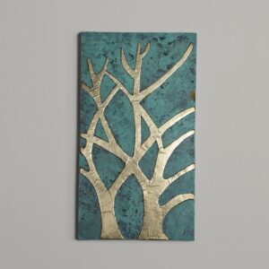 Oxidized Brass Tree Wall Art – Handmade Moroccan Metal Panel on Patina Wood – Nature-Inspired Embossed Home Decor