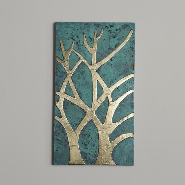 Oxidized Brass Tree Wall Art – Handmade Moroccan Metal Panel on Patina Wood – Nature-Inspired Embossed Home Decor