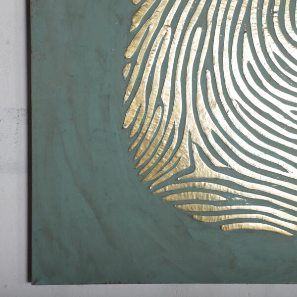 Large Brass Fingerprint Wall Art – Handmade Embossed Metal Panel on Oxidized Wood – Moroccan Statement Wall Sculpture - Image 4