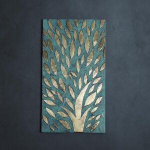 Brass Tree Leaf Wall Art – Handmade Embossed Metal on Patina Wood – Oxidized Moroccan Botanical Decor 34x61 cm
