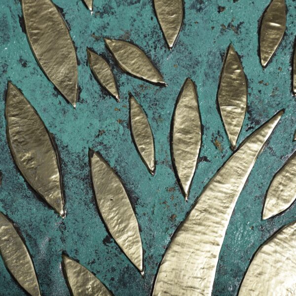 Brass Tree Leaf Wall Art – Handmade Embossed Metal on Patina Wood – Oxidized Moroccan Botanical Decor 34x61 cm - Image 5