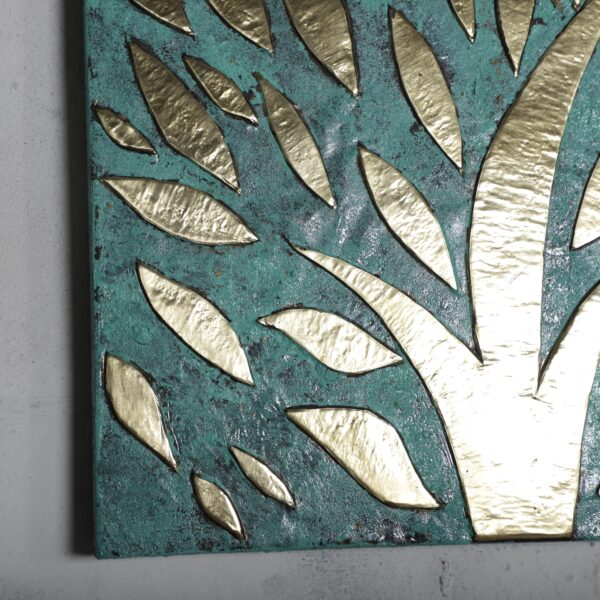 Brass Tree Leaf Wall Art – Handmade Embossed Metal on Patina Wood – Oxidized Moroccan Botanical Decor 34x61 cm - Image 8
